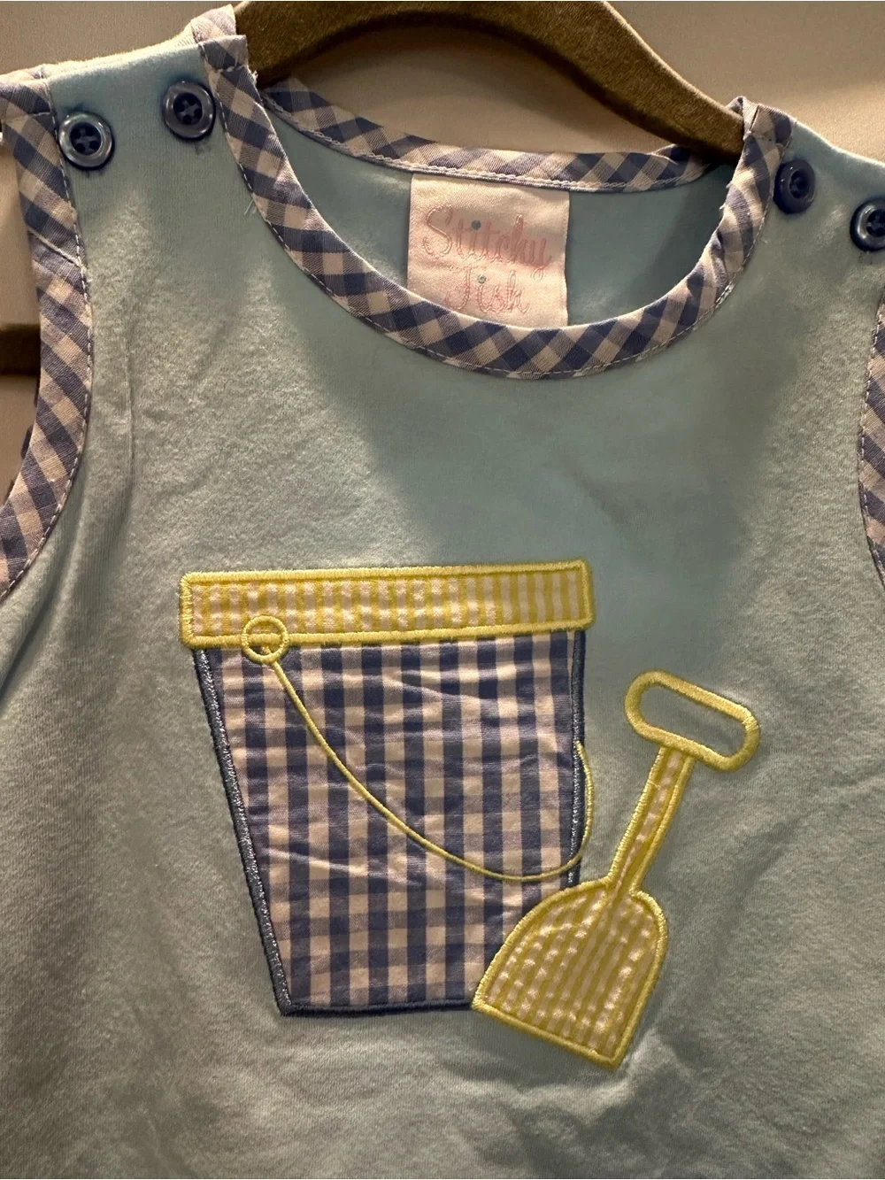 Light Blue Tank Romper with Gingham Pocket & Shovel Applique